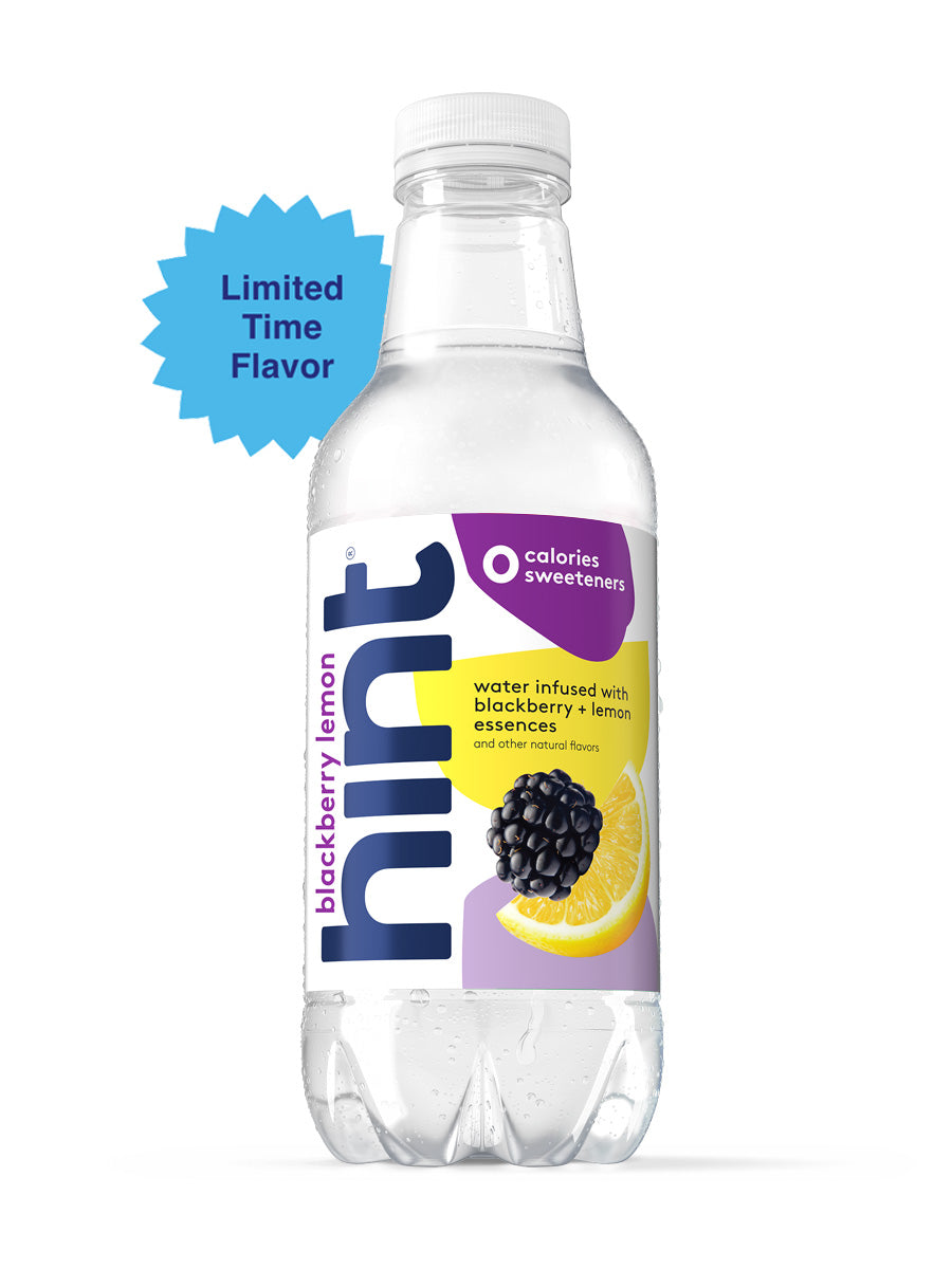 A bottle of Blackberry Lemon hint water on a white background. There is a "Limited Time Flavor" visual tag to identify this offering.