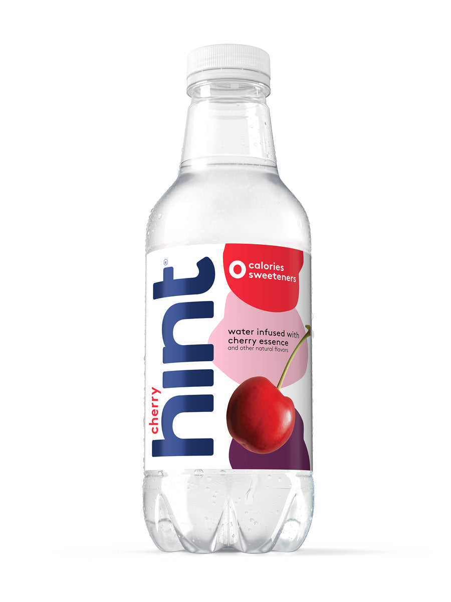 A bottle of Cherry hint water on a white background.
