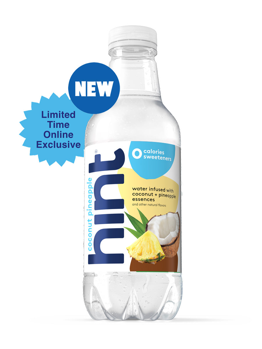 A bottle of Coconut Pineapple hint water on a white background. There are "new" and "limited time online exclusive" visual tags to identify this offering.