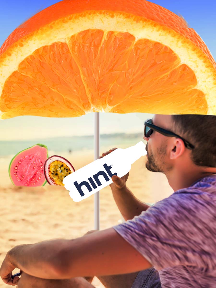 A collage of a person drinking out of a graphic hint water bottle under an umbrella at the beach. The umbrella is an orange shade instead of the umbrella material.
