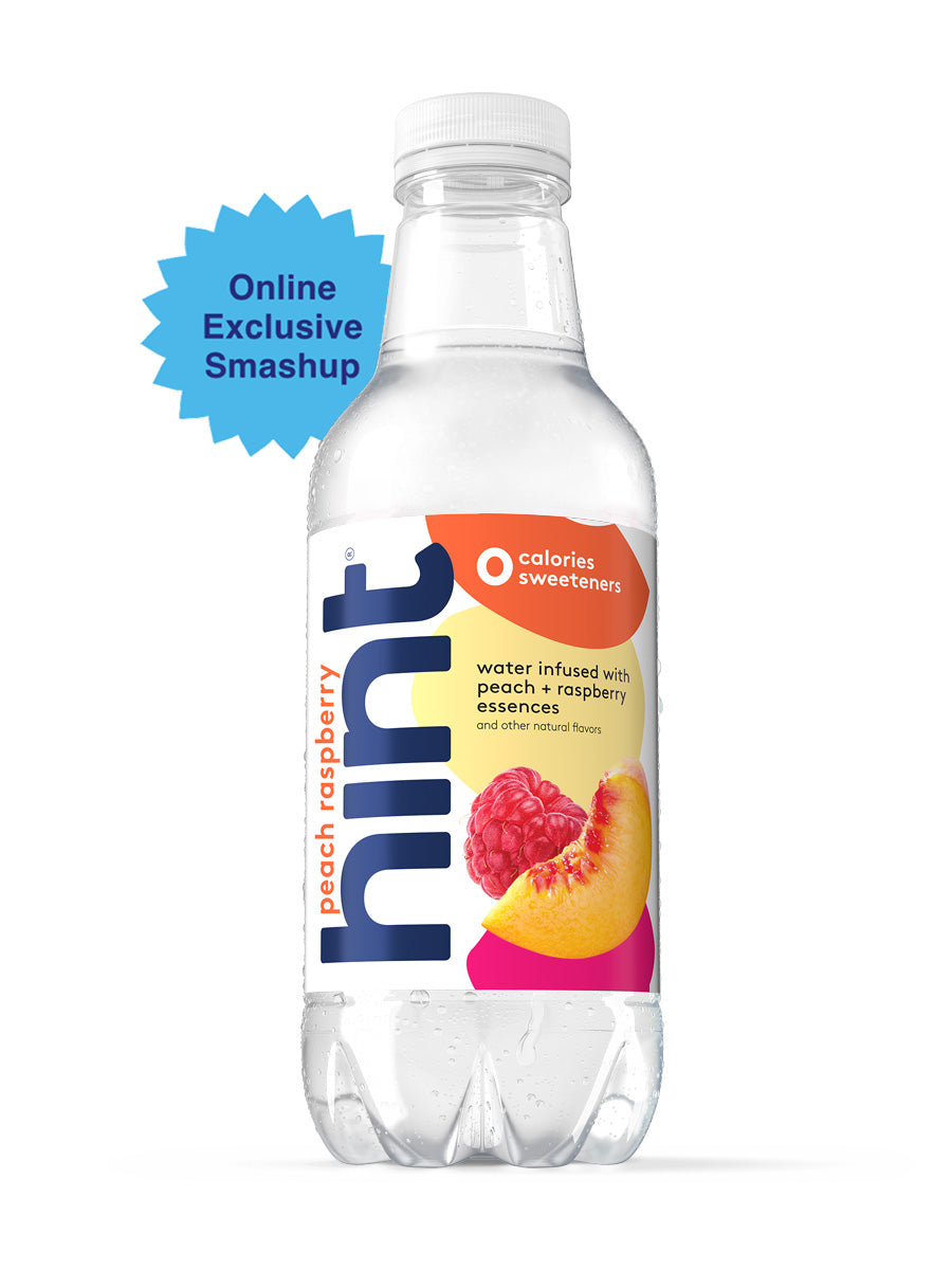 A bottle of Peach Raspberry hint water on a white background. There is a "Limited Time Flavor" visual tag to identify this offering.