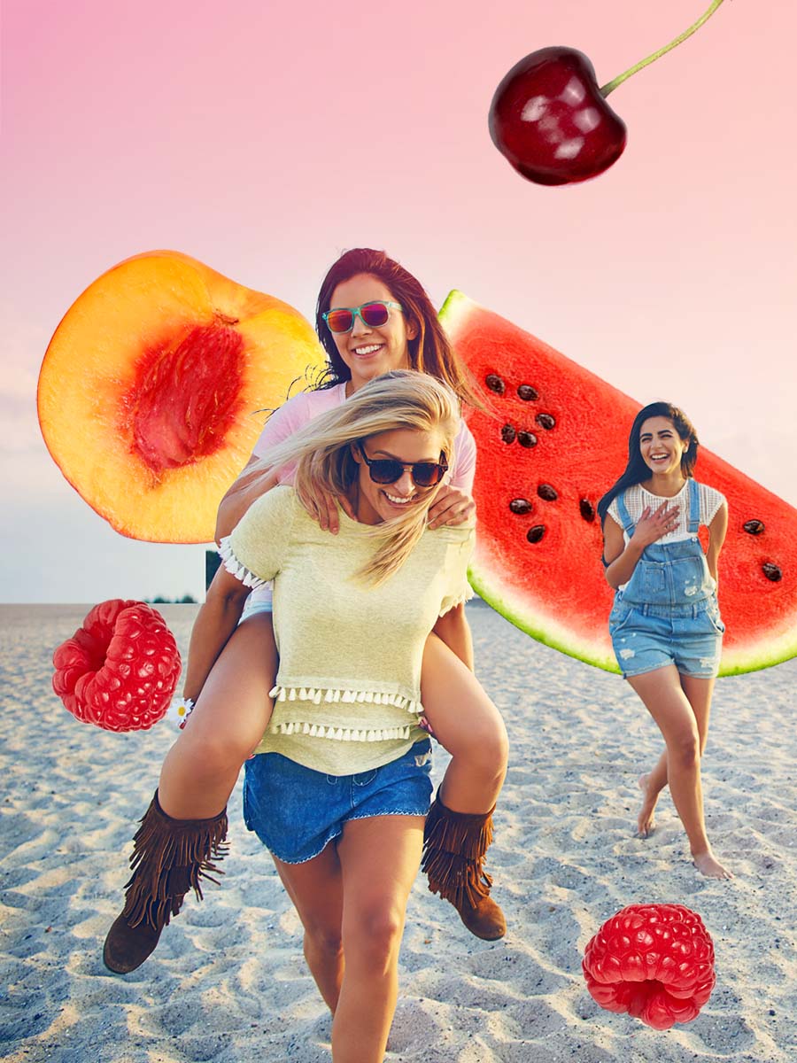 Three woman having fun at the beach with various fruit graphics in the background like a collage.