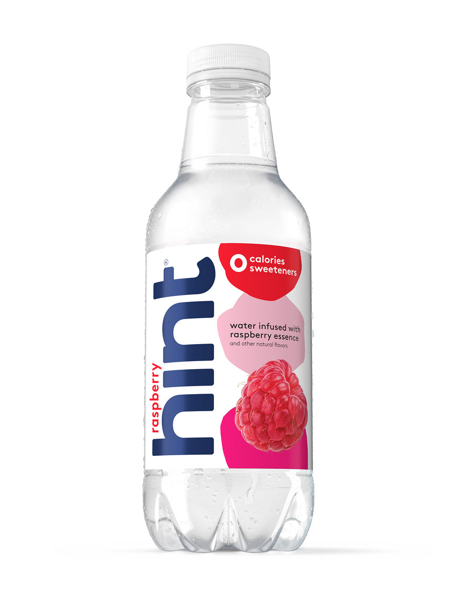 A bottle of Raspberry hint water on a white background.