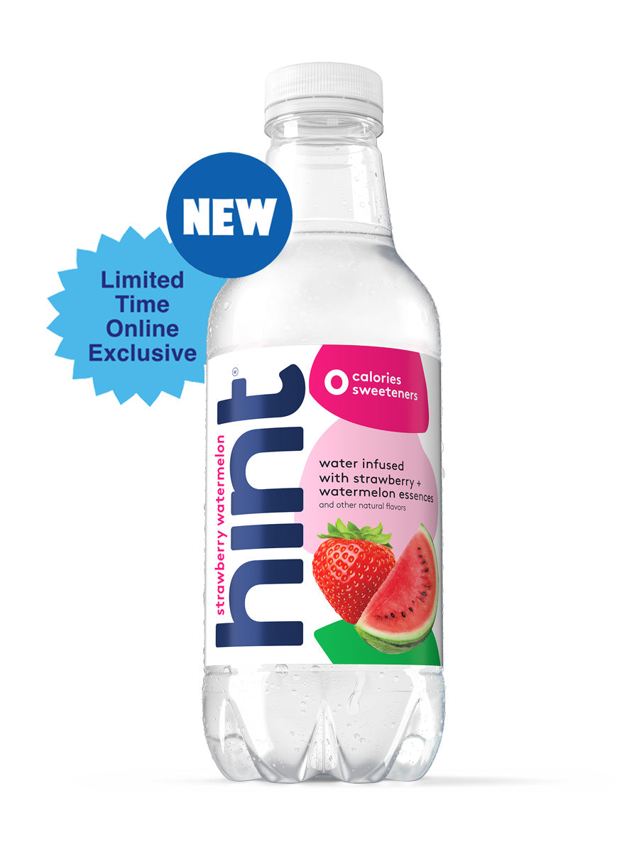 A bottle of Strawberry Watermelon hint water on a white background. There are "new" and "online exclusive smashup" visual tags to identify this offering.