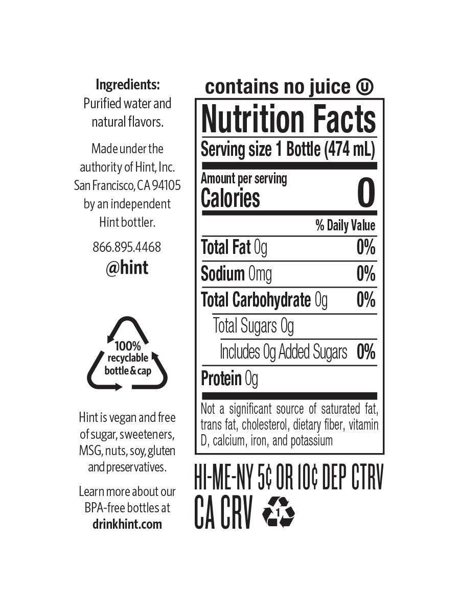 A hint water nutrition panel that reads the product is zero calories, zero diet sugars, no preservatives, and is bottled in a BPA-free bottle.