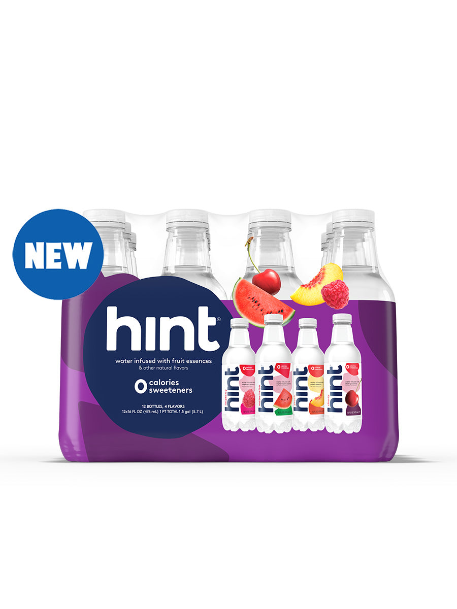 The purple variety pack of hint water that contains: raspberry, peach, watermelon and cherry flavors.