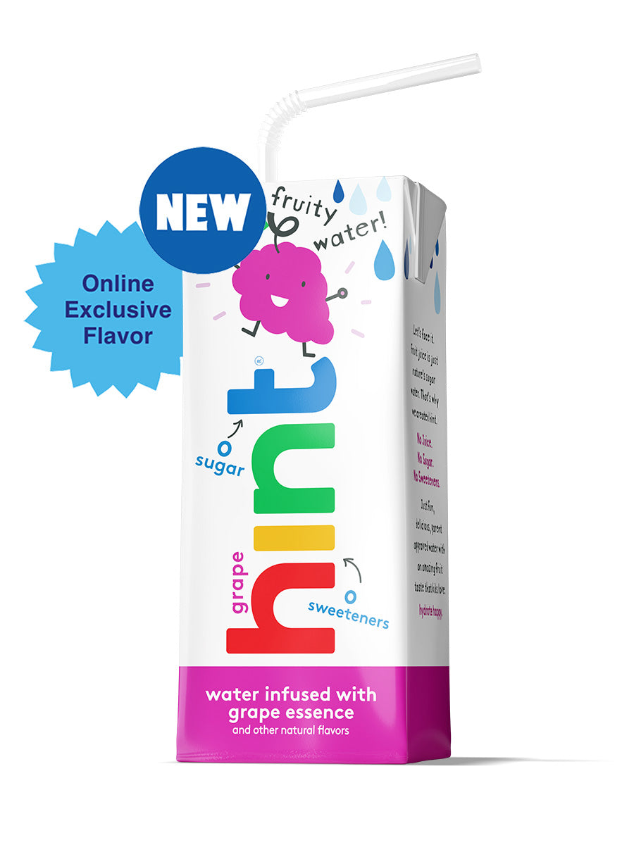 A box of hint kids water on a white background. The flavor is grape. There is a "new" and "online exclusive flavor" visual tag on the water box.