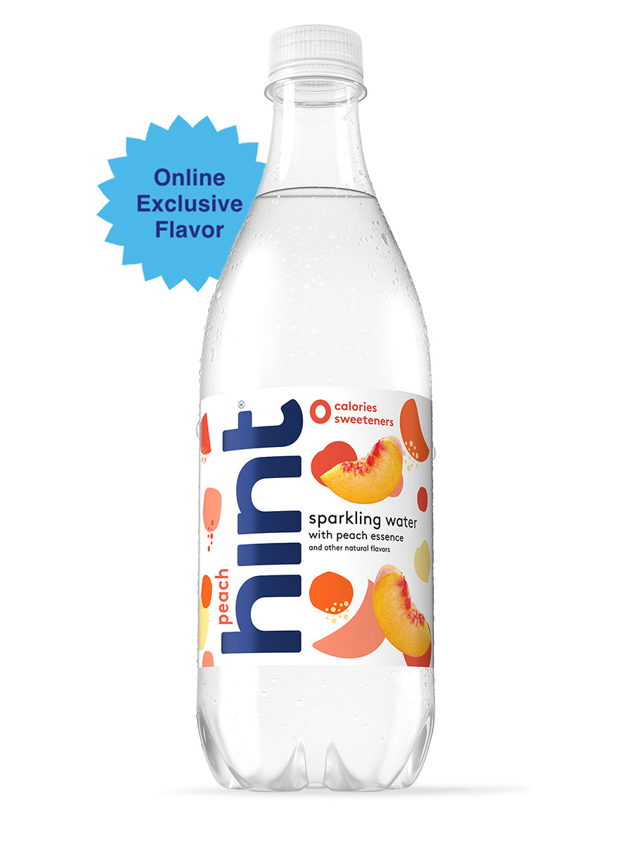 A peach hint sparkling water on a white background with an "online exclusive flavor" tag identifier. 