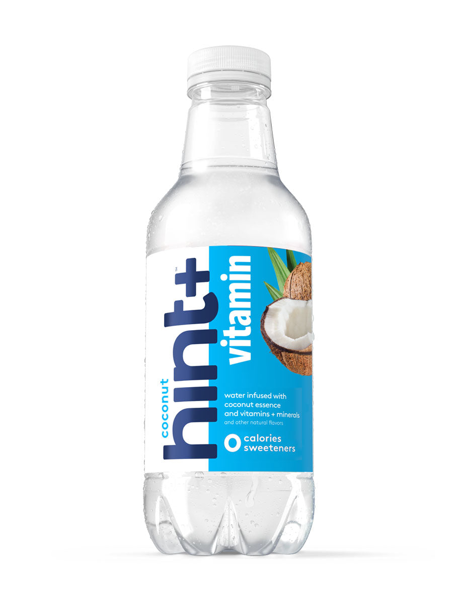 A bottle of Coconut hint+ vitamin on a white background. 