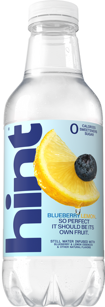 Clear plastic bottle of hint still water flavored with blueberry and lemon, label shows lemon slice with blueberry and text about zero calories and natural flavors
