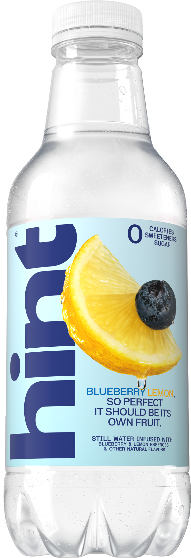 Clear plastic bottle of hint still water flavored with blueberry and lemon, label shows lemon slice with blueberry and text about zero calories and natural flavors