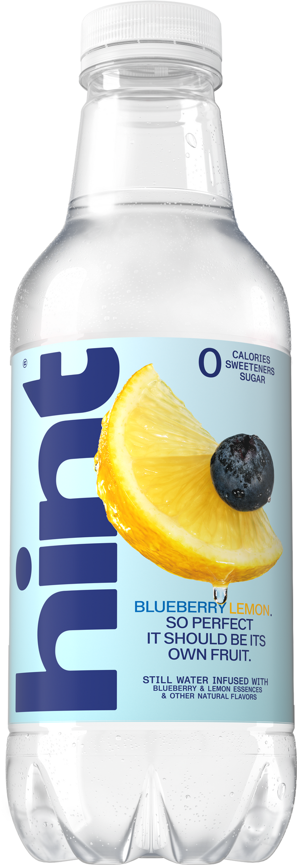 Clear plastic bottle of hint still water flavored with blueberry and lemon, label shows lemon slice with blueberry and text about zero calories and natural flavors