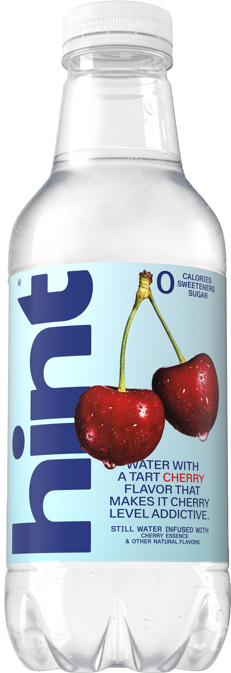 A bottle of Cherry hint water on a white background.
