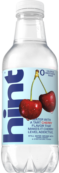 Clear plastic bottle of Hint still water with label showing two cherries and text about tart cherry flavor.