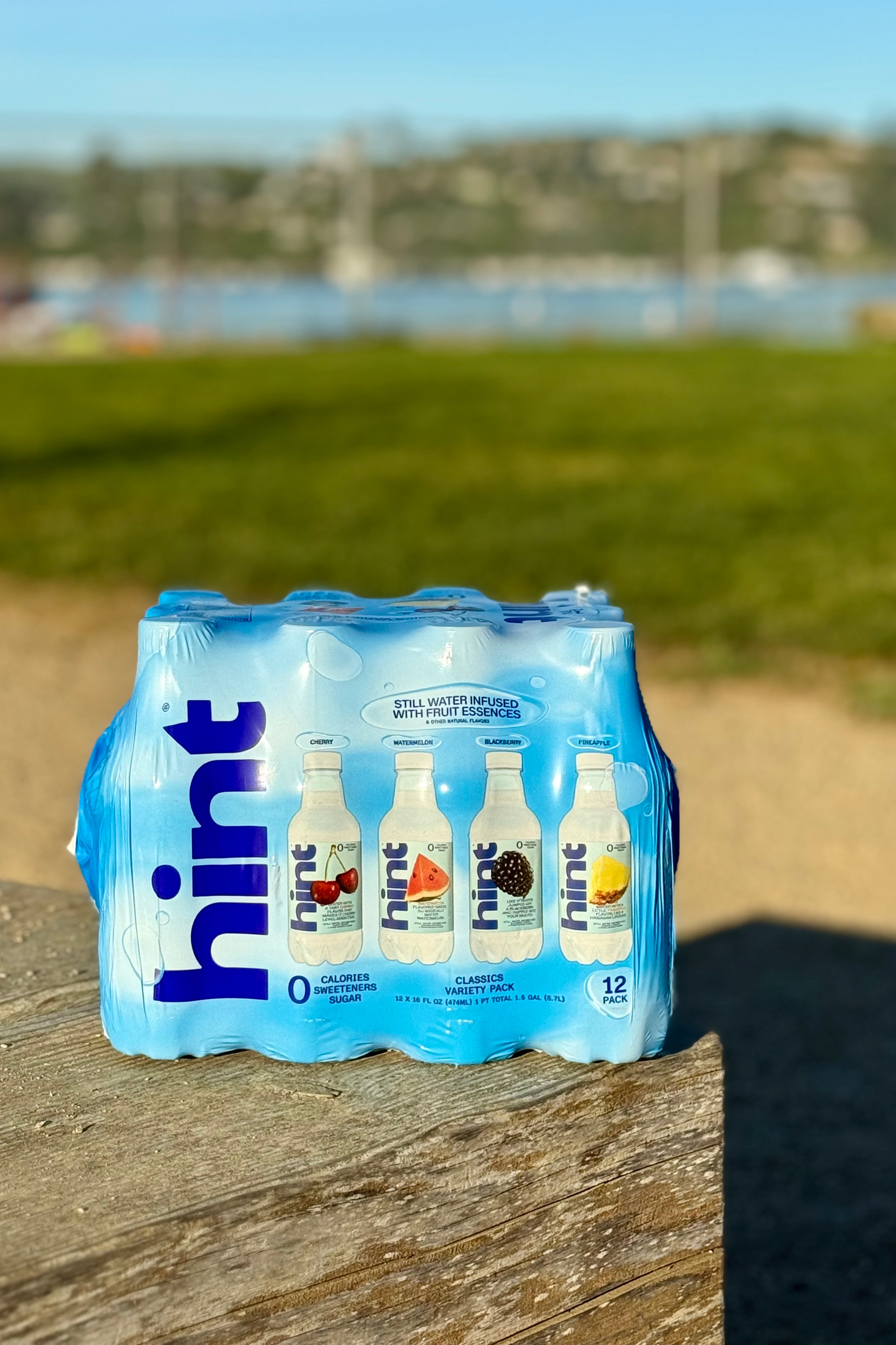 12-pack of Hint flavored still water bottles with cherry, watermelon, blackberry, and pineapple flavors on blue packaging