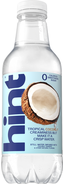 Bottle of Hint flavored water with coconut essence and natural flavors, zero calories, sweeteners, and sugar