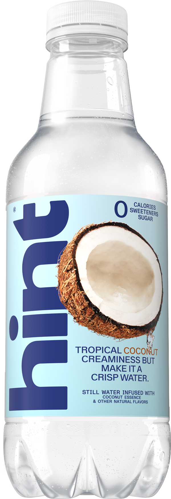 Bottle of Hint flavored water with coconut essence and natural flavors, zero calories, sweeteners, and sugar
