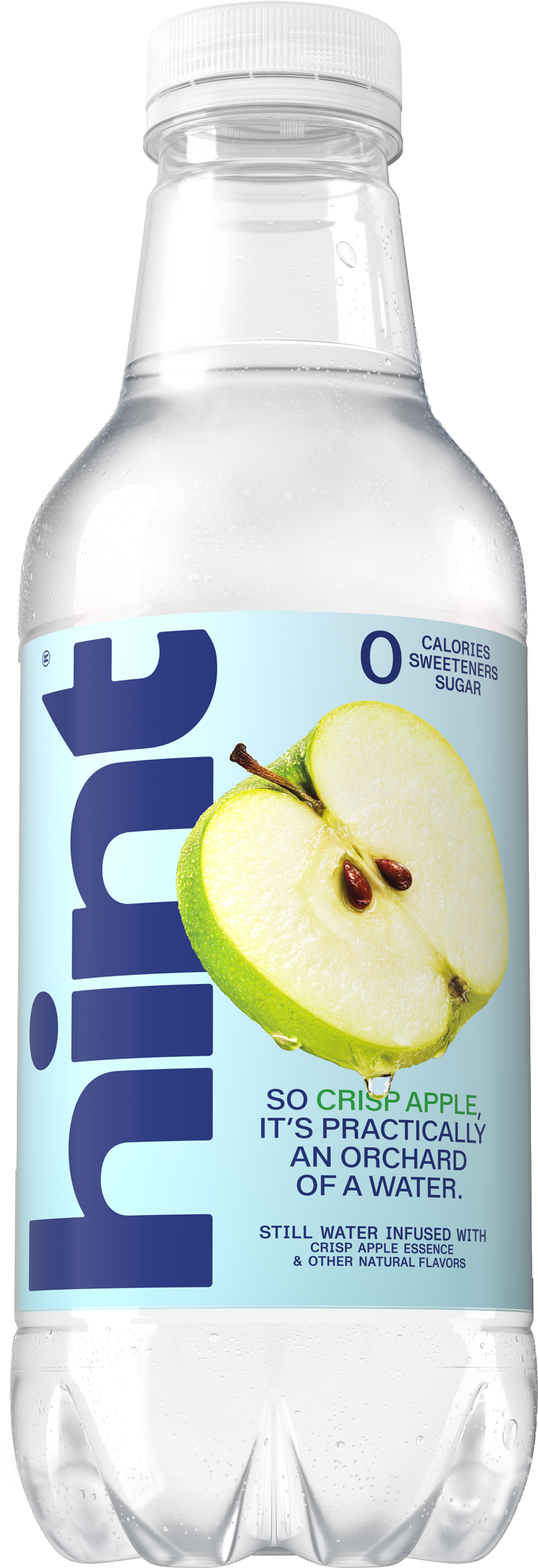 Clear plastic bottle of Hint water with crisp apple flavor, showing sliced green apple and 0 calories on label