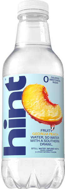 Clear plastic bottle of hint water, Georgia peach flavor, zero calories, sweeteners, and sugar, with peach image on label