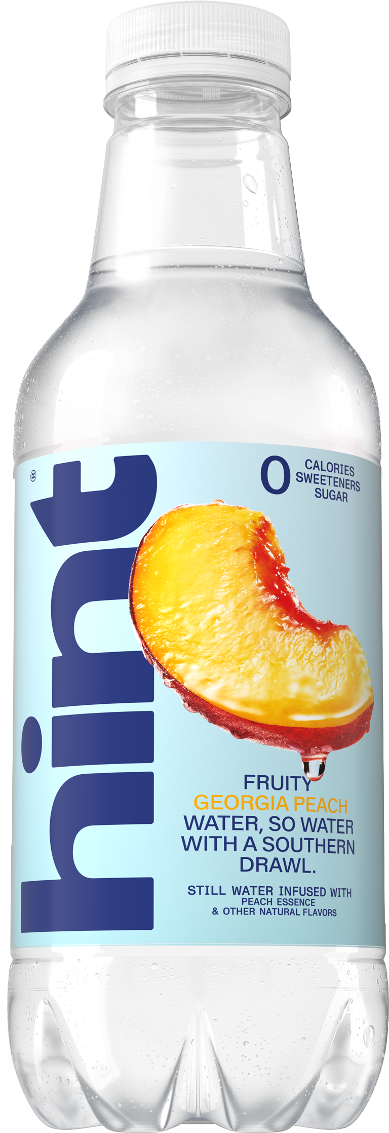 Clear plastic bottle of hint water, Georgia peach flavor, zero calories, sweeteners, and sugar, with peach image on label