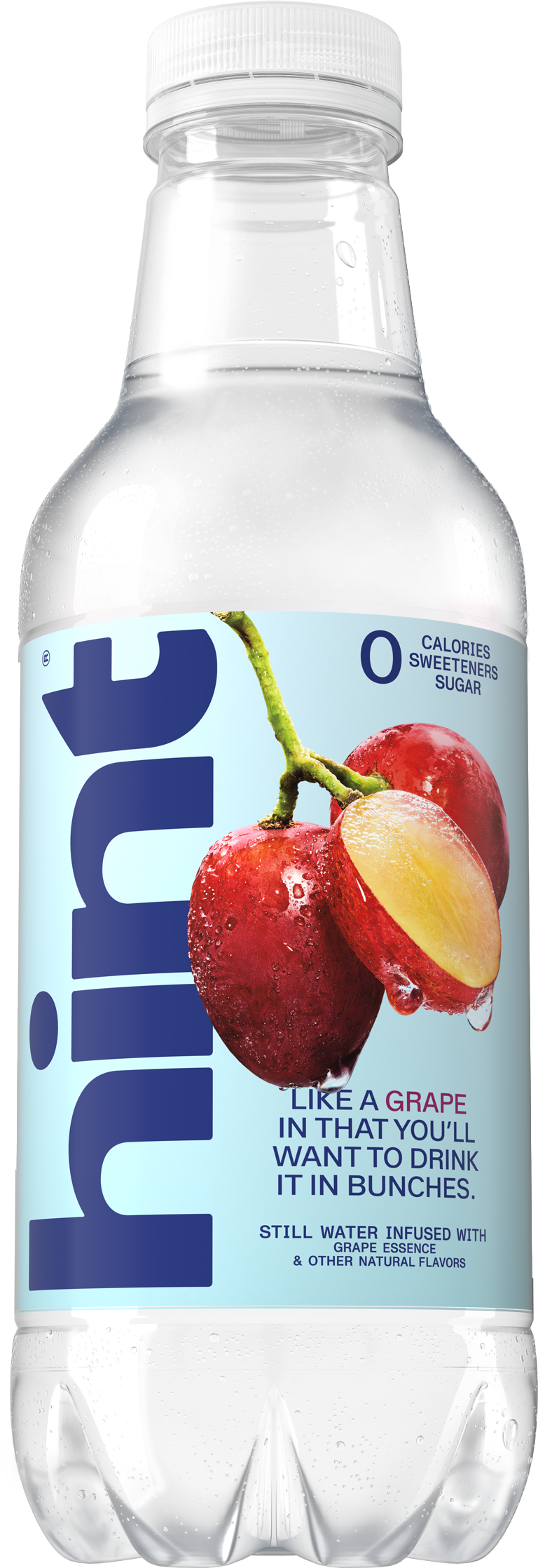 Clear plastic bottle of Hint still water with grape essence, labeled zero calories, sweeteners, and sugar.