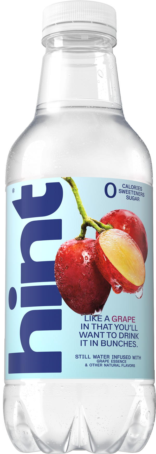 Clear plastic bottle of Hint still water with grape essence, labeled zero calories, sweeteners, and sugar.