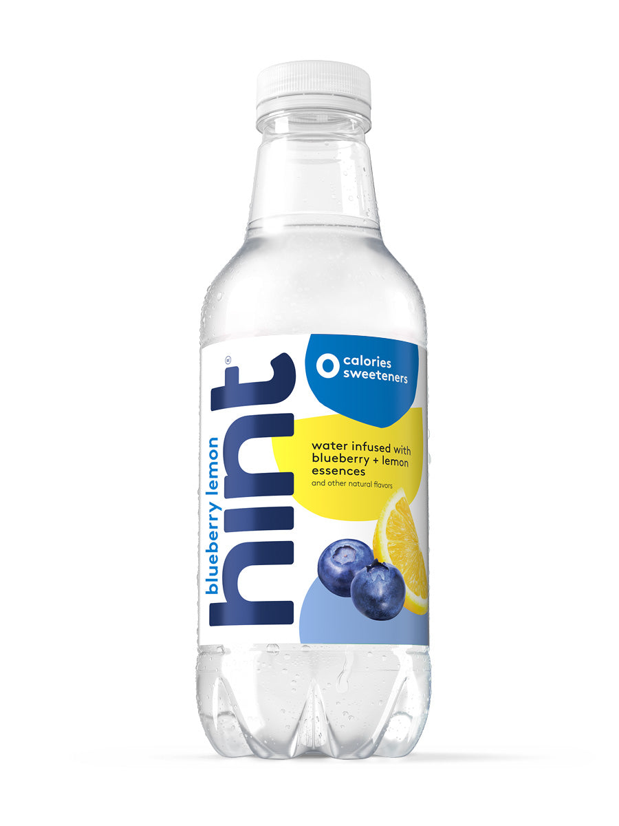 A bottle of Blueberry Lemon hint water on a white background.