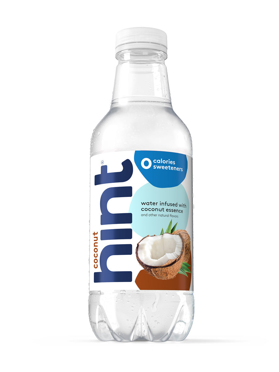 A bottle of Coconut hint water on a white background. 