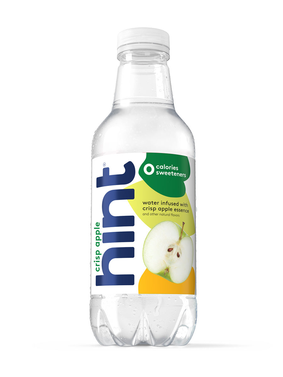 A bottle of Crisp Apple hint water on a white background.
