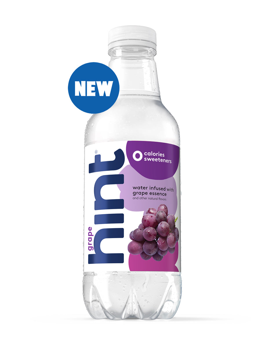A bottle of Grape hint water on a white background. There is a "new"visual tag to identify this offering.