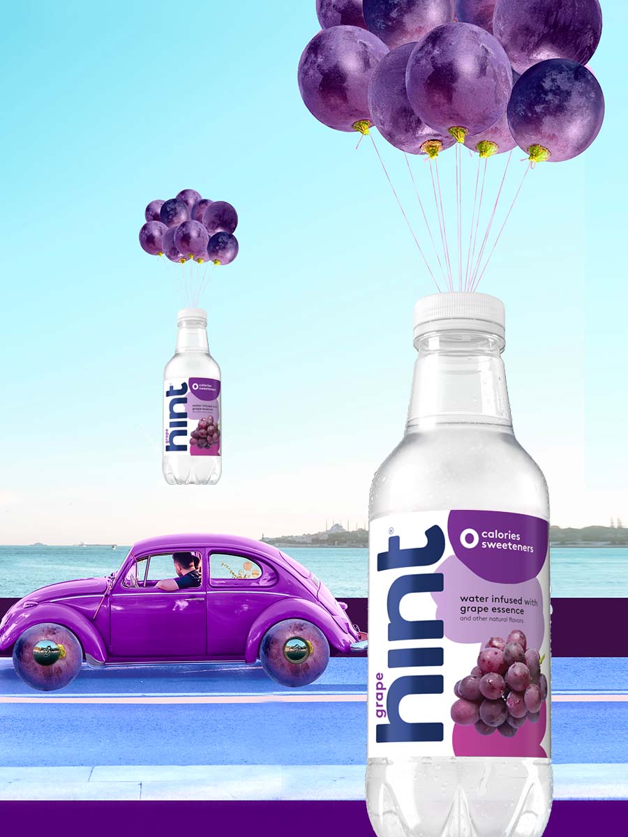 A collage of a purple volkswagon bug driving on a road. There are two bottles of grape hint water with grape balloons carrying them into the air.