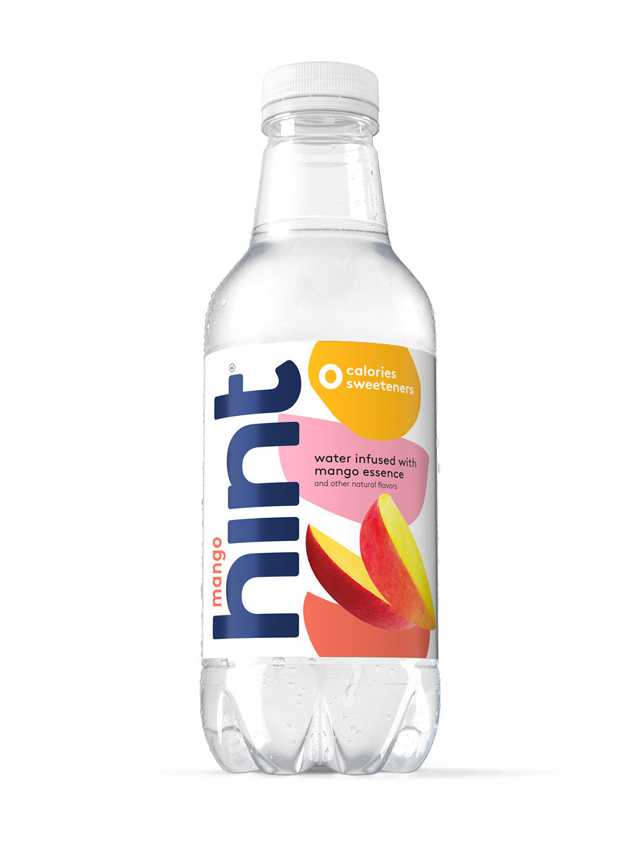 A bottle of Mango hint water on a white background.