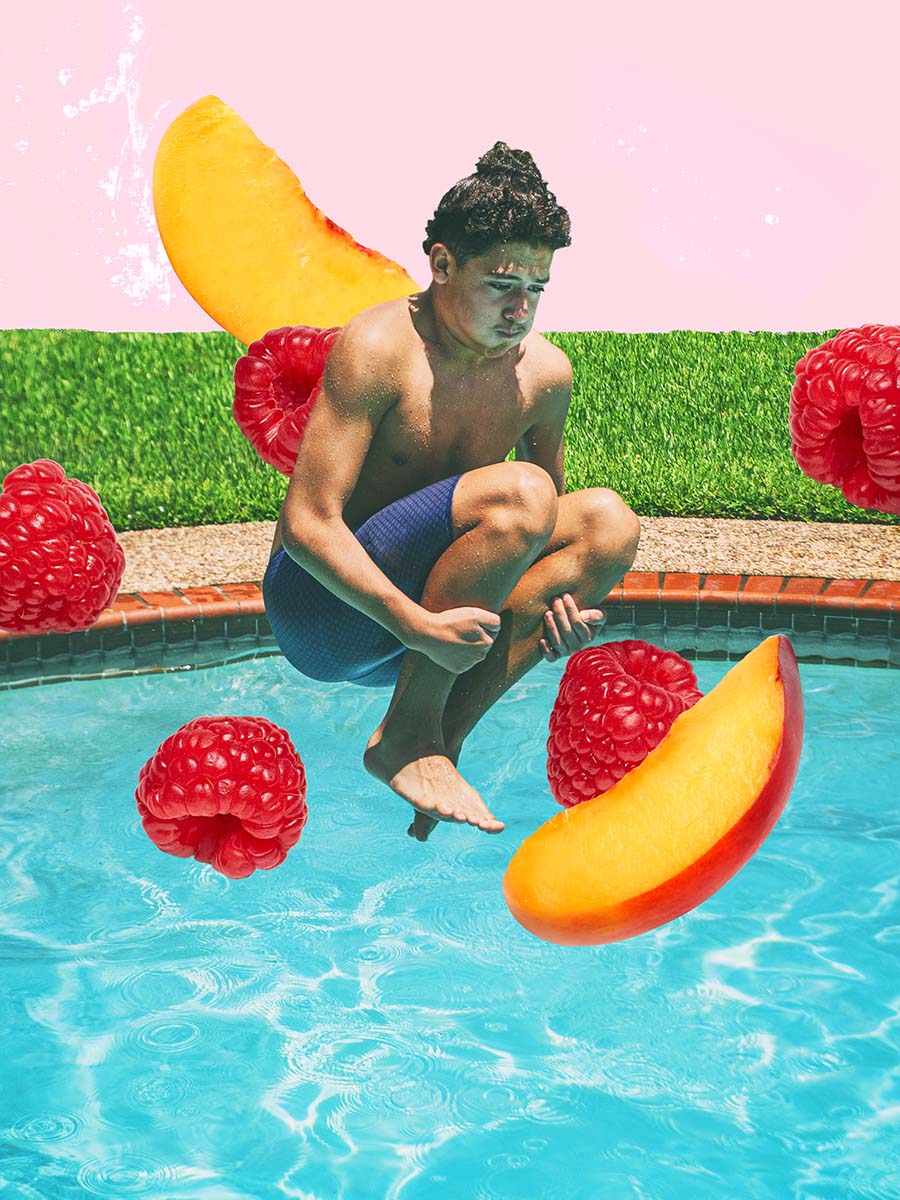 A  collage of a person jumping into a pool alongside oversized pieces of fruit too.