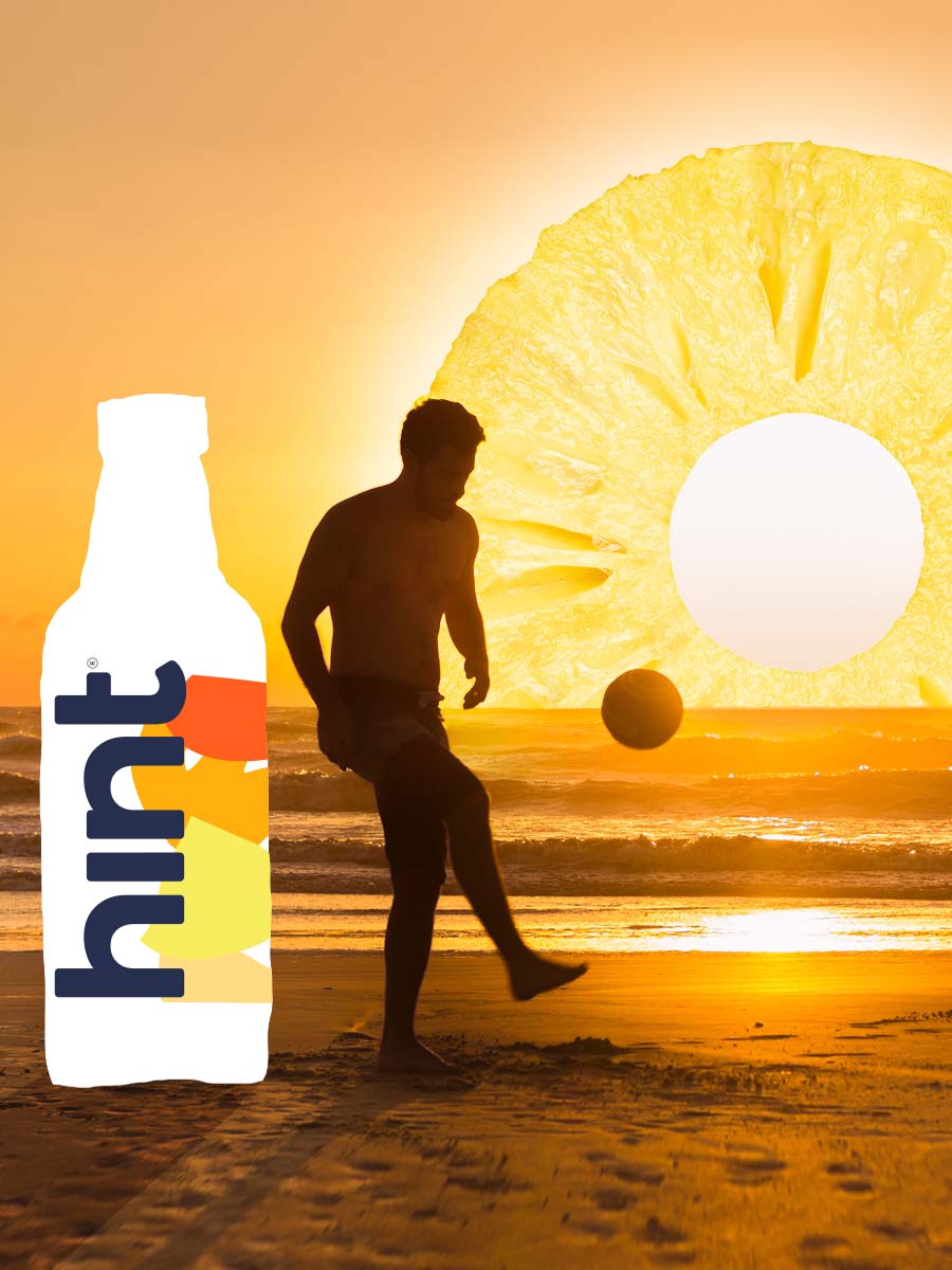 A collage of a person playing soccer on a beach with an oversized pineapple sunset.