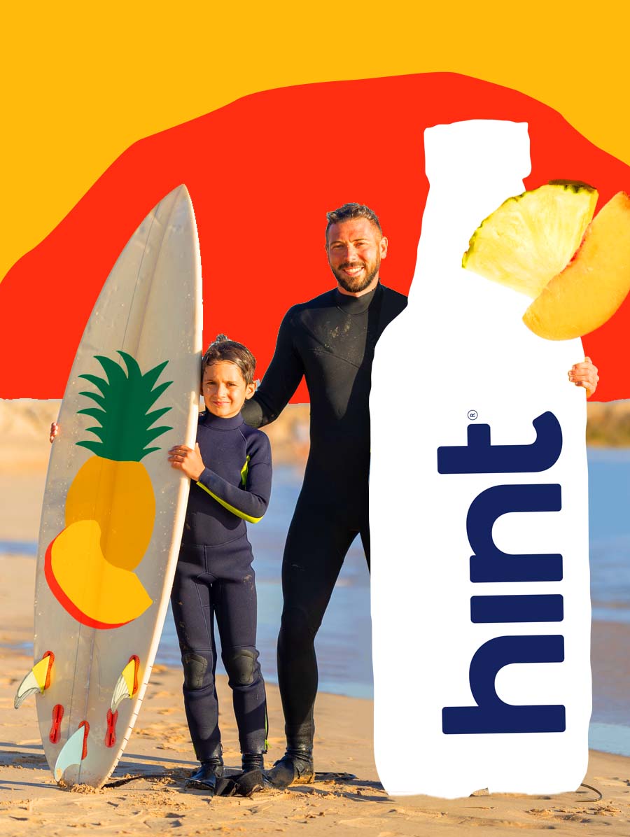 A graphic collage of a dad and his child standing on the beach after a day of surfing. The child is hold up their surfboard and the dad is holding an oversized bottle of hint water.