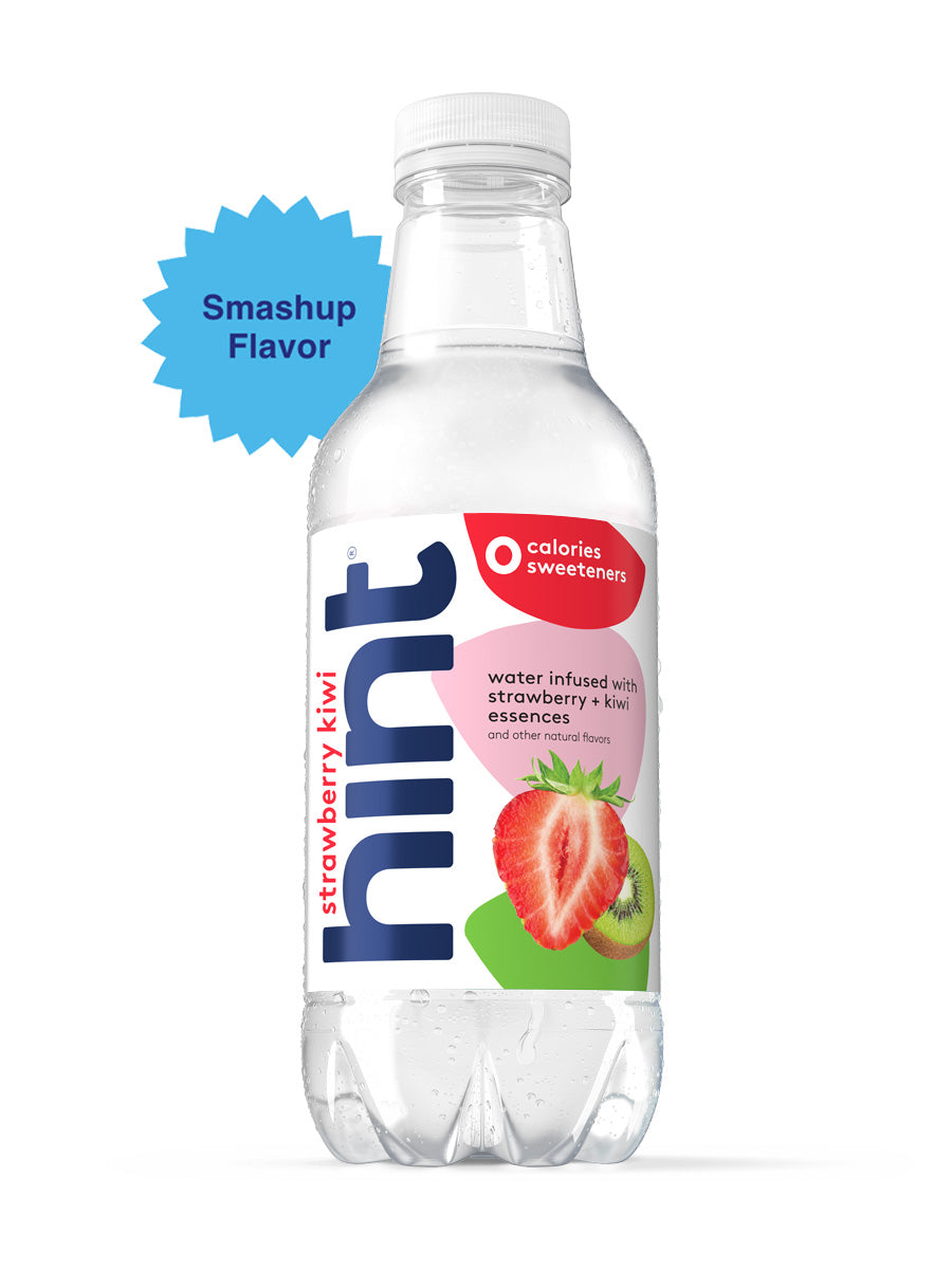 A bottle of Strawberry Kiwi hint water on a white background. There is a "Smashup Flavor" visual tag to identify this offering.
