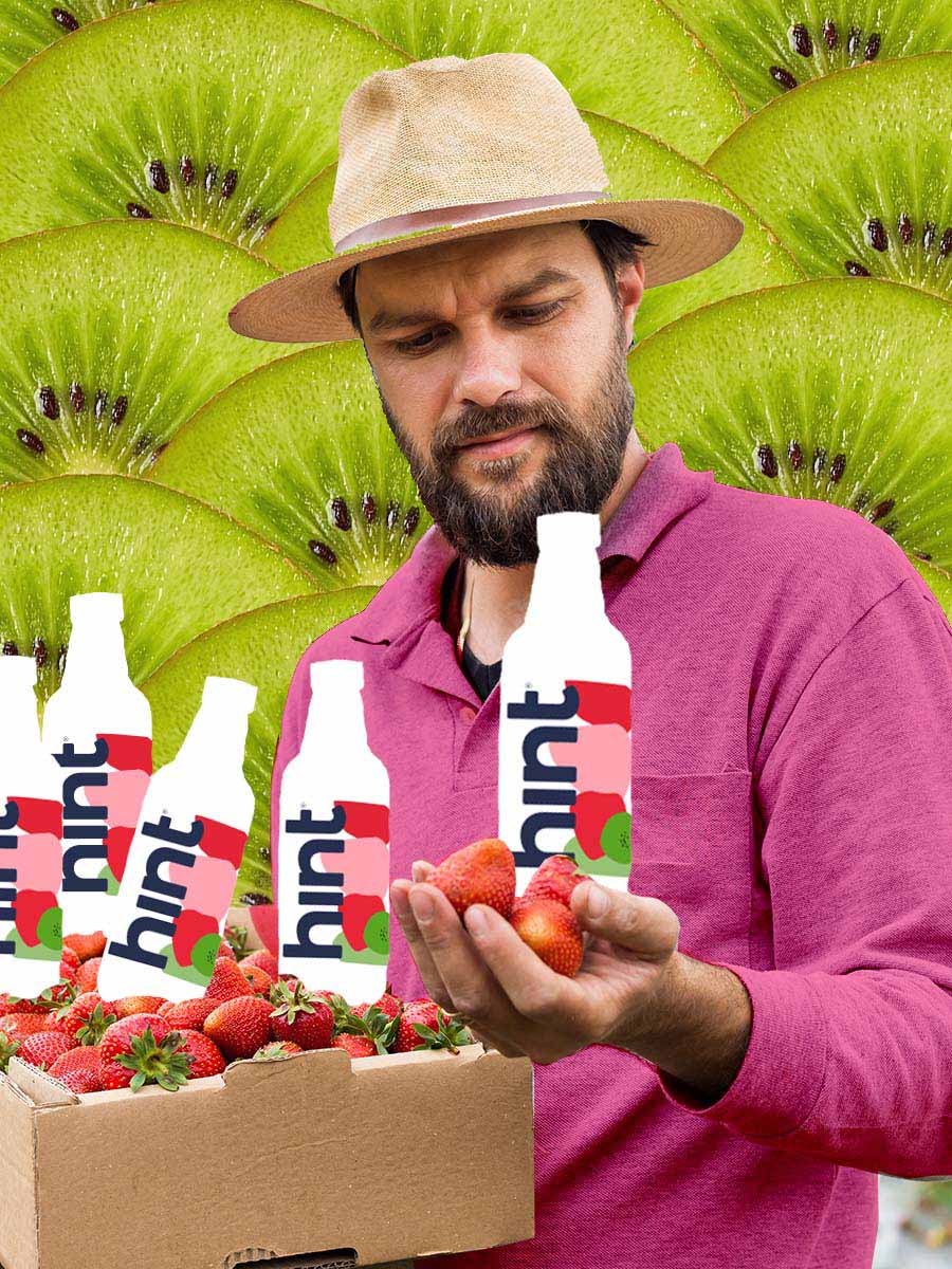 A graphic of a man who just finished strawberry picking holding a box of strawberries with bottles of strawberry kiwi hint water too.