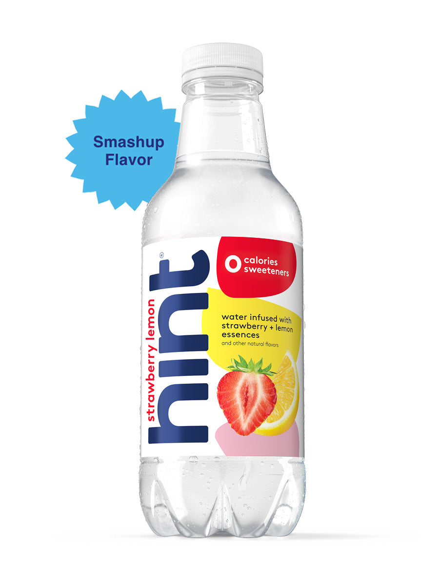 A bottle of Strawberry Lemon hint water on a white background. There is a "Limited Time Flavor" visual tag to identify this offering.