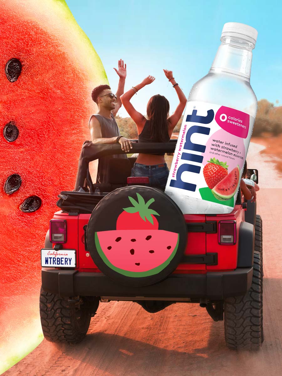 A graphic collage of people hanging out of a keep with an oversized bottle of Strawberry Watermelon hint water in the back of the vehicle.