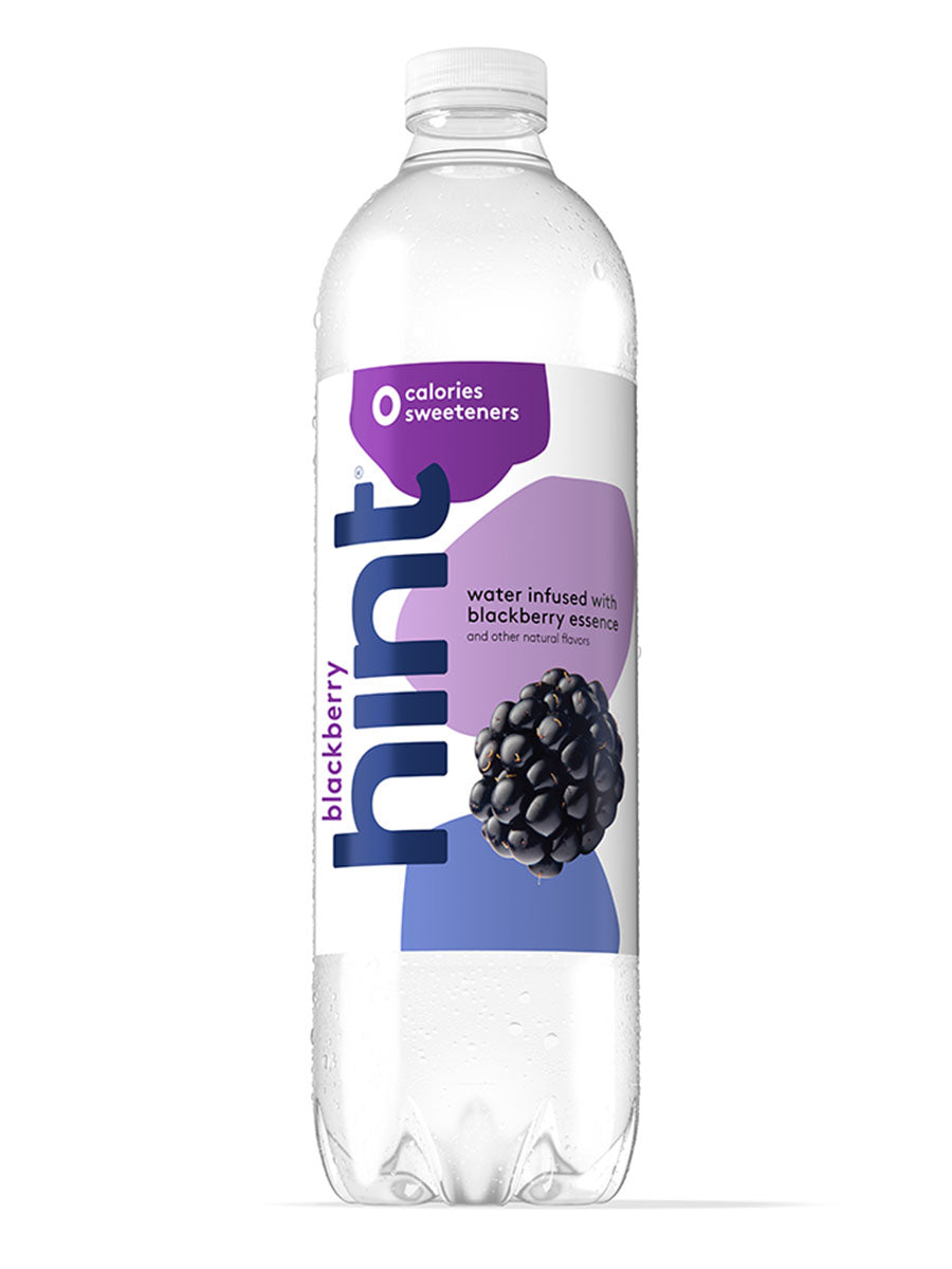 A 1L bottle of hint water in the Blackberry flavor.