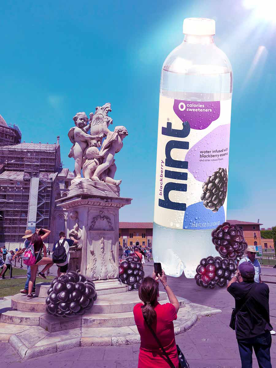A collage of tourists taking a picture of the leaning town of 1L blackberry hint water. 