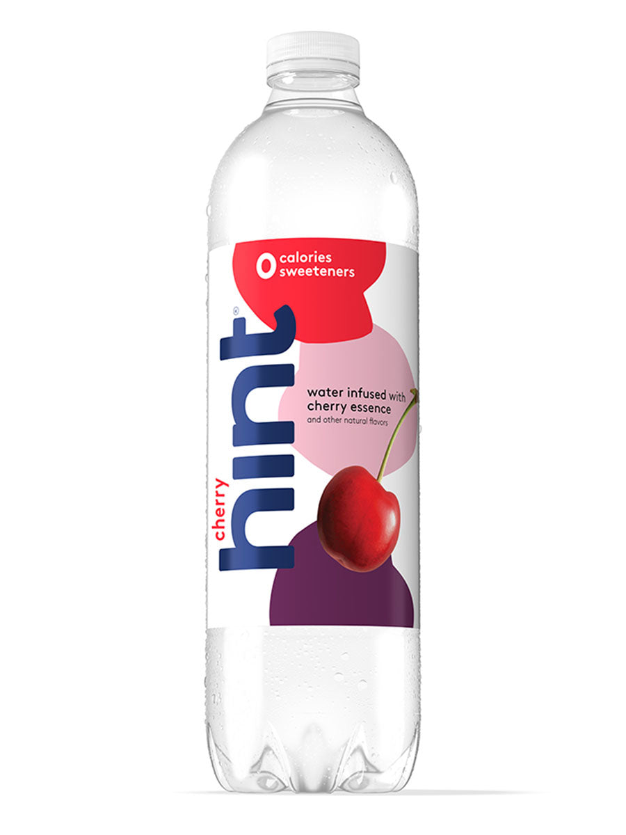 A 1L bottle of Cherry hint water on a white background.