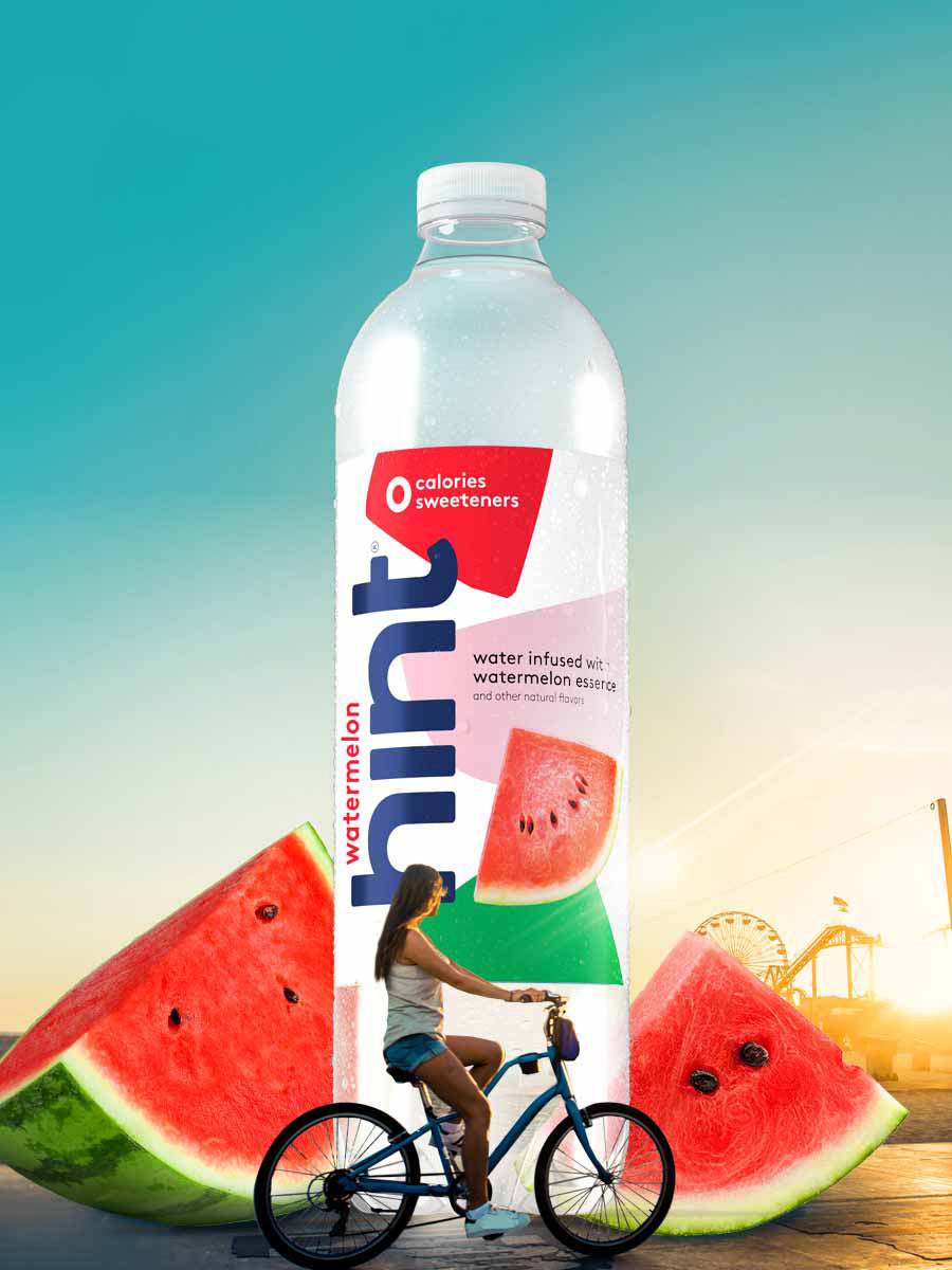 A collage of a 1L bottle of watermelon hint water and a woman riding a bike on a board walk.