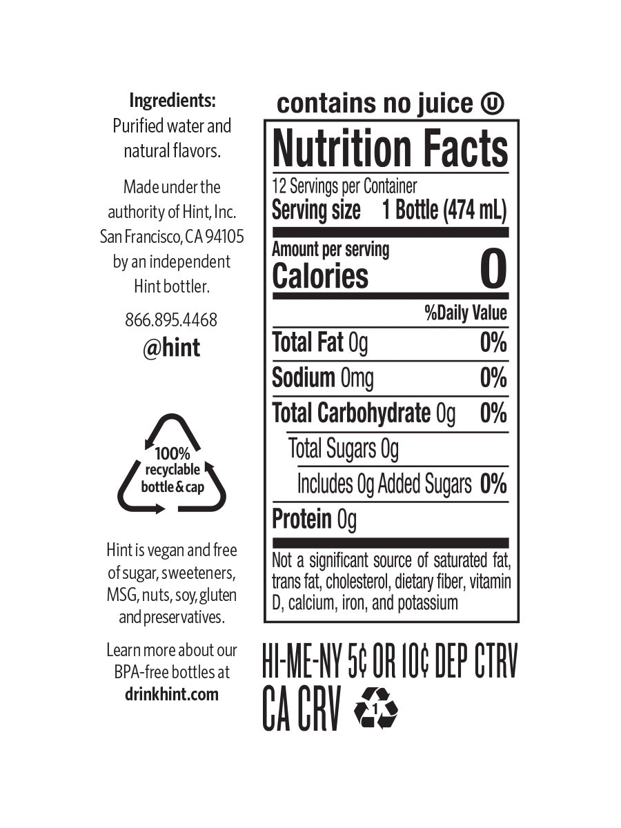 A hint water nutrition panel that reads the product is zero calories, zero diet sugars, no preservatives, and is bottled in a BPA-free bottle.