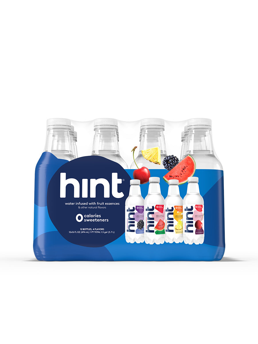 The blue variety pack of hint water that contains: blackberry, watermelon, pineapple and cherry flavors.