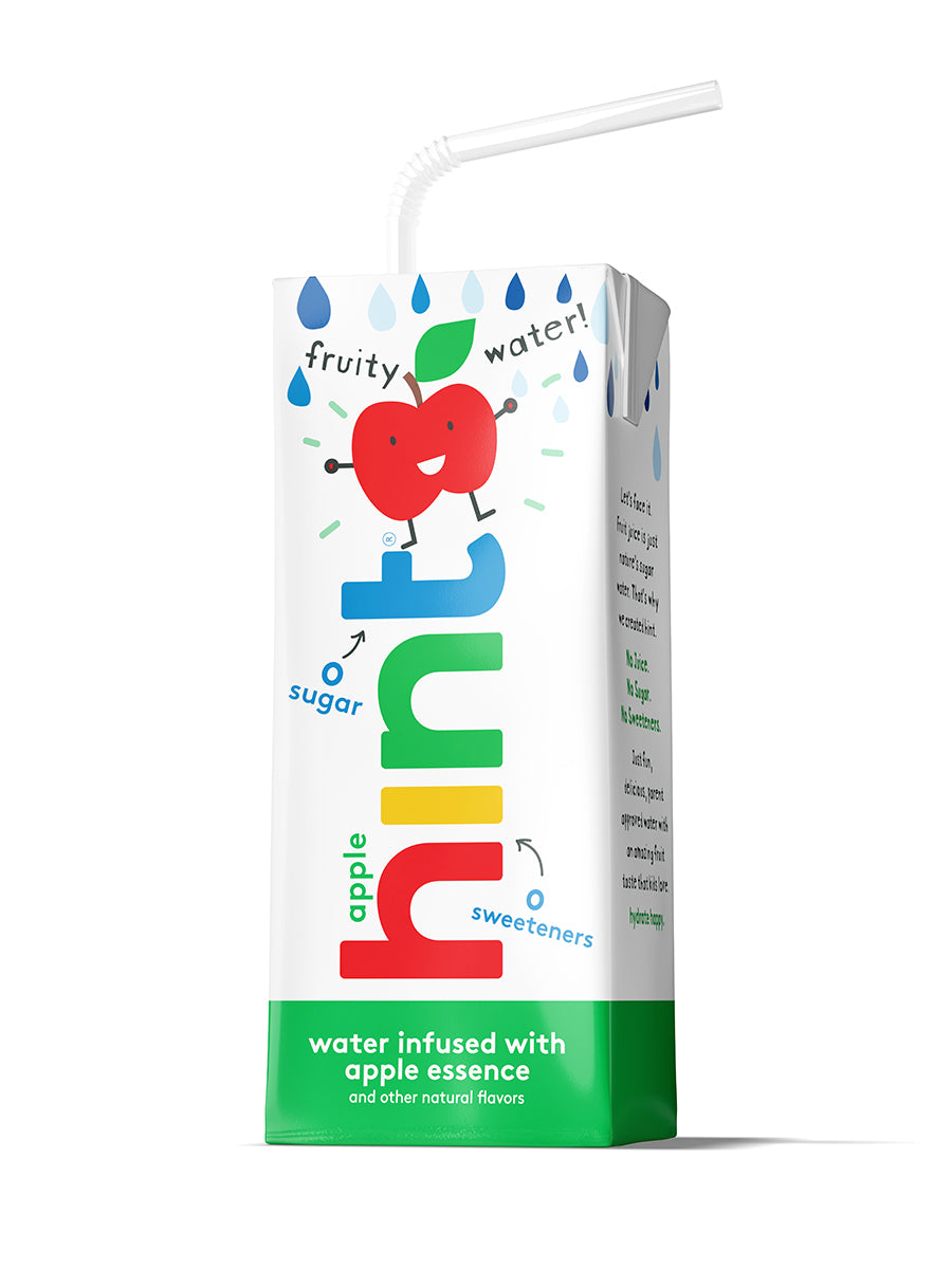A box of hint kids water on a white background. The flavor is apple.