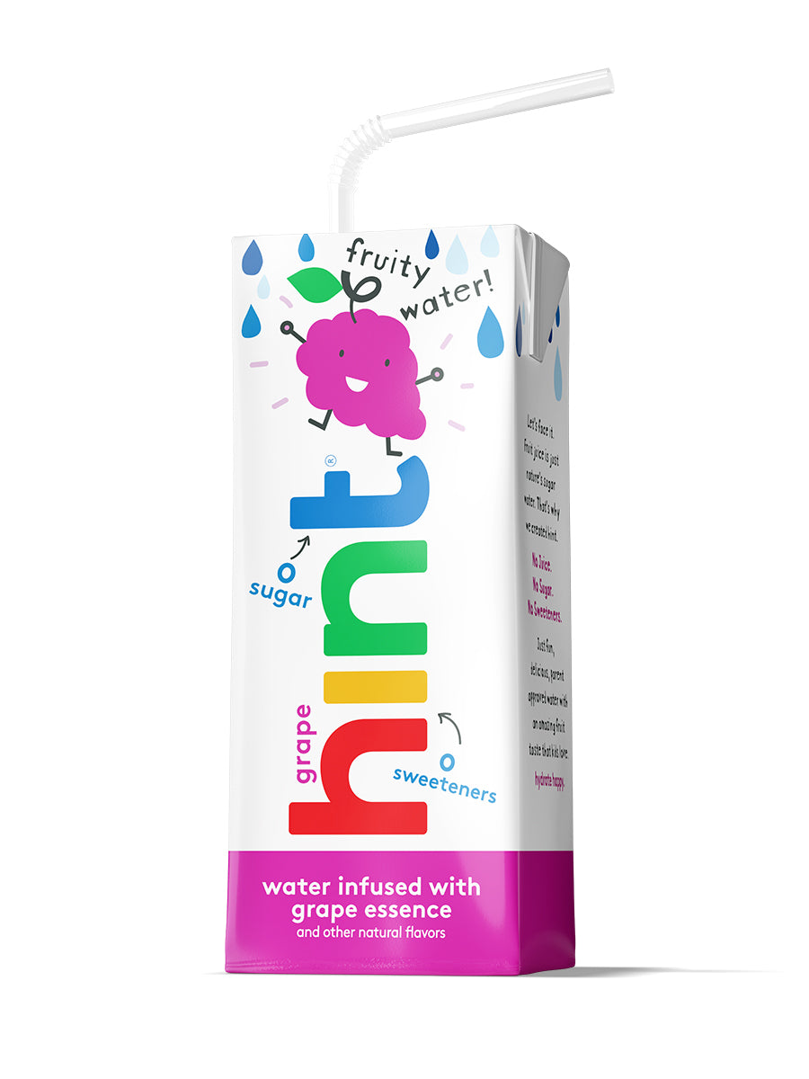 A box of hint kids water on a white background. The flavor is grape.