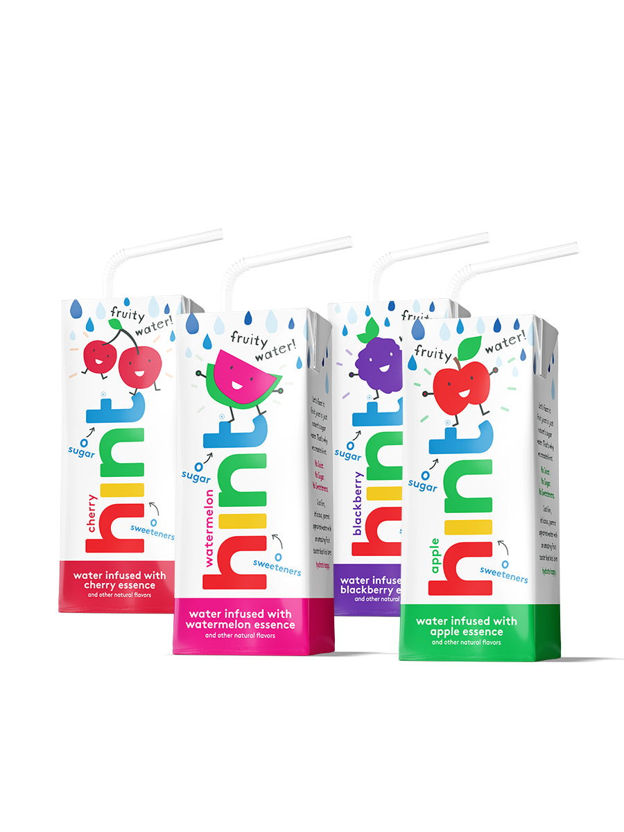 4 boxes of hint kids water on a white background.