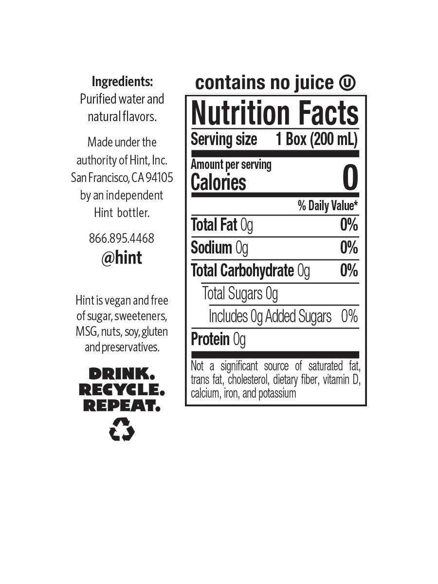 A hint water nutrition panel that reads the product is zero calories, zero diet sugars, no preservatives, and is bottled in a BPA-free bottle.