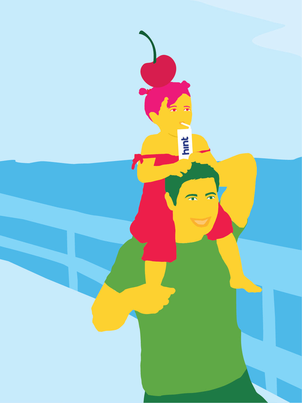 A bright graphic of a dad with his daughter on his shoulders walking an oceanside board walk. The daughter is drinking out of a box of hint kids water.